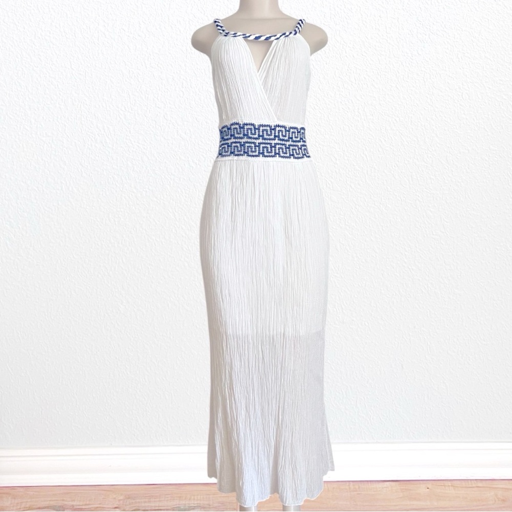 White Maxi Dress with Blue Embroidered Waist and Braided Neckline